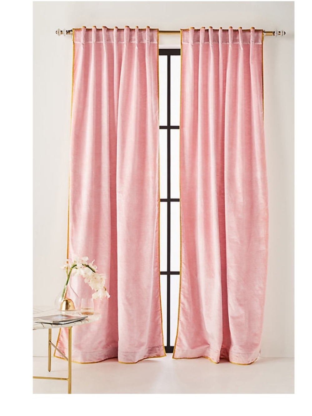 Anthropologie Pink Velvet Curtain Panels with Gold Trim